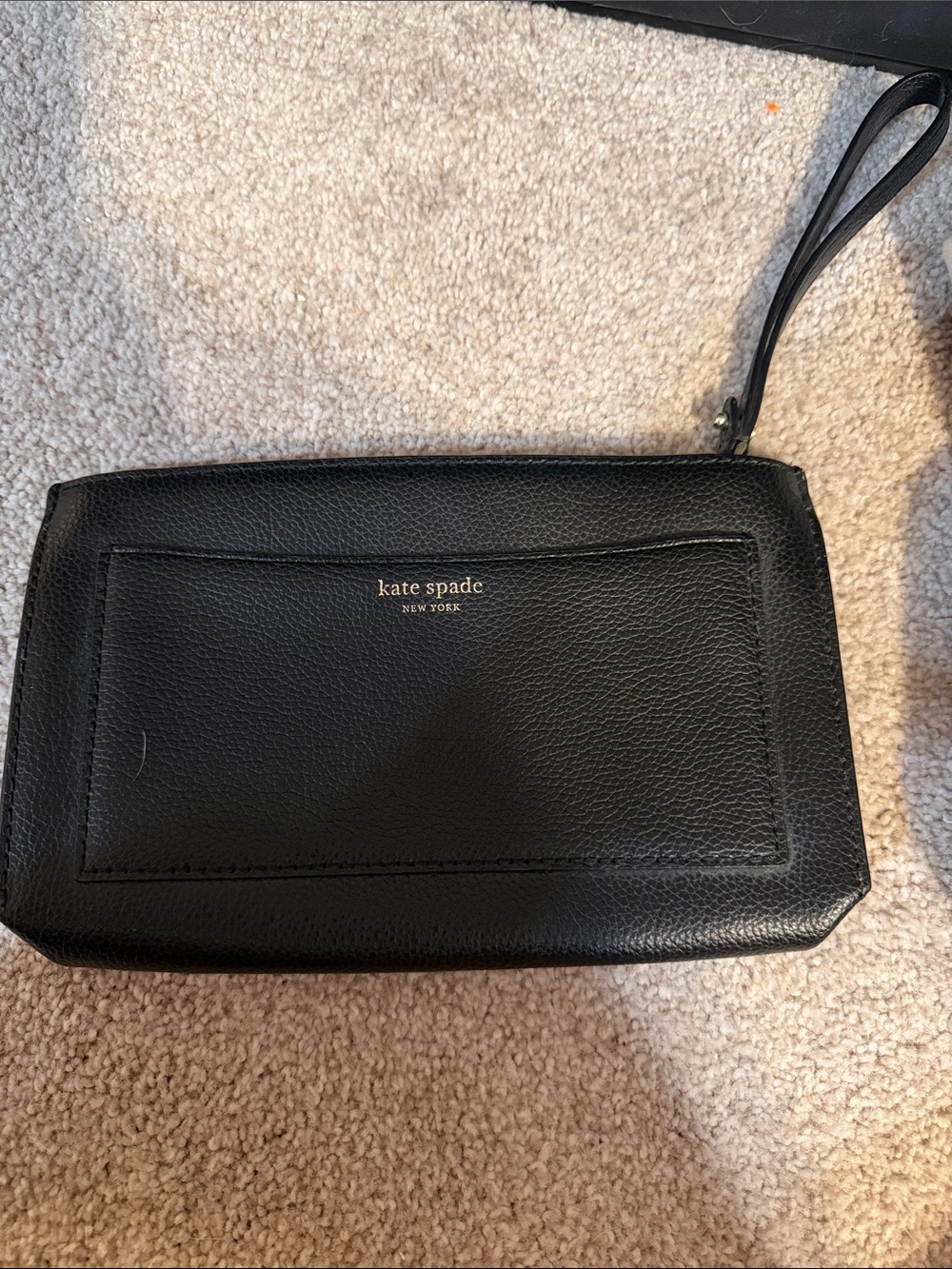 kate spade black leather wristlet pouch with gold logo